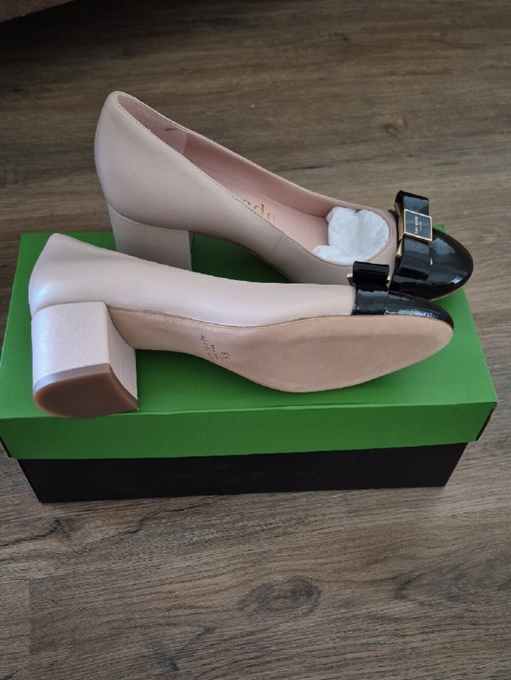 kate spade Blush Pink and Black Patent Bow Block Heel Pumps - Picture 3 of 4